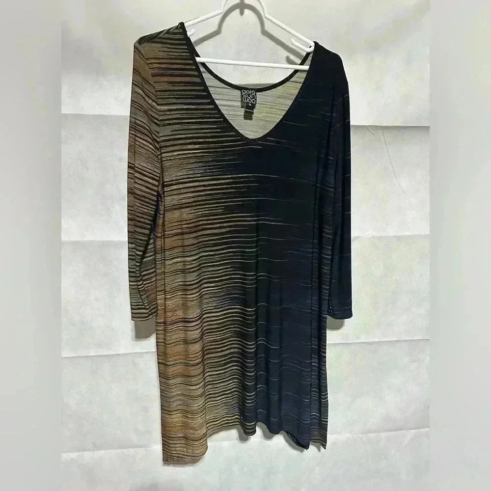 Clara Sun Woo Womens Top Sz XL Ombre Striped Tunic Asymmetrical Hem Stretchy